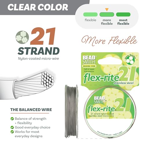 The Beadsmith Flex-Rite Beading Wire - 21-Strand Nylon-Coated Stainless-Steel Wire, 0.024" (0.60 mm) Dia, Clear, 100 ft Spool, Durable Necklace & Bracelet String, for Jewelry Making Supplies - size: .024” Dia - 100 ft