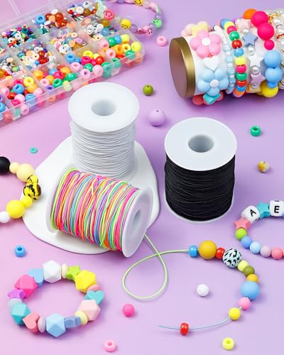 FIVEIZERO 2 Rolls Elastic Bracelet String Total 330 Feet,1.0mm,1.2mm,1.5mm Elastic Cord for Beading Stretchy String with Beading Needle for Bracelets, Sewing, Necklace, Jewelry Making and Crafts - size: 1mm, style: Black White