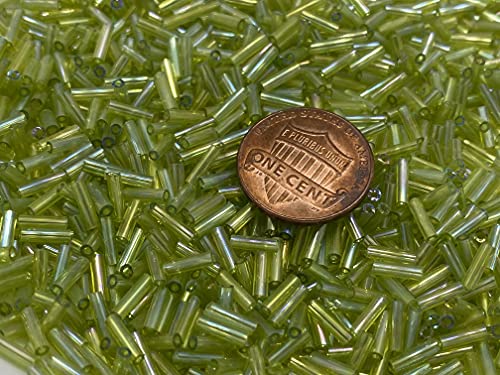 Czech Bugle Beads 40 gr / 1.4 oz Glass Tube Size #3 7mm (Lime Green Iridescent) - color: Lime Green Iridescent
