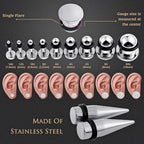 Longbeauty 14G-00G 36pcs Ear Gauges Stretching Kit Surgical Steel Tapers for Ears Gauge Starter Kits Single Flat Top Gauges Plugs for Women Men - color: Silver