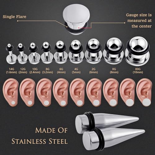 Longbeauty 14G-00G 36pcs Ear Gauges Stretching Kit Surgical Steel Tapers for Ears Gauge Starter Kits Single Flat Top Gauges Plugs for Women Men - color: Silver