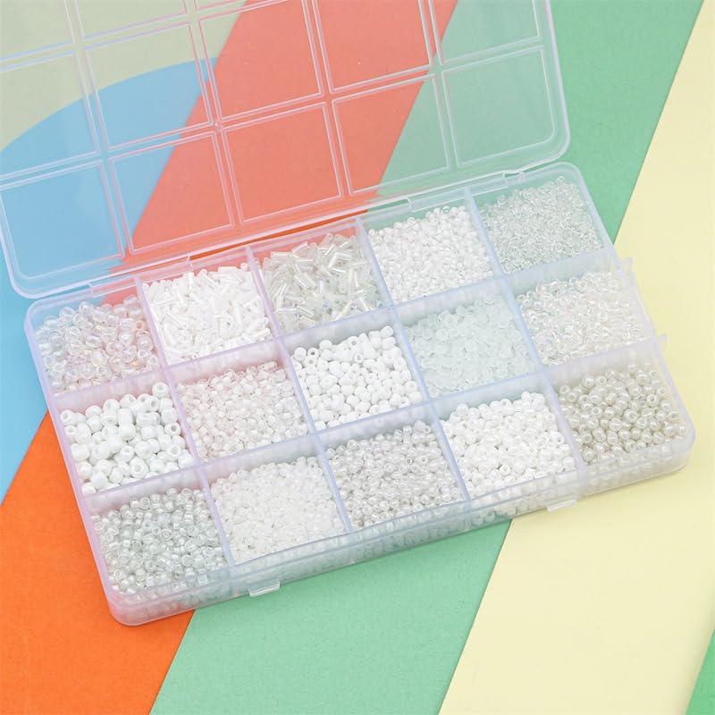 Mix 15 Color Glass Seed Tube Beads Glass Bugle Beads Loose Kit for Jewelry Making DIY Craft Beading (Mix 15 Color, White) - color: White