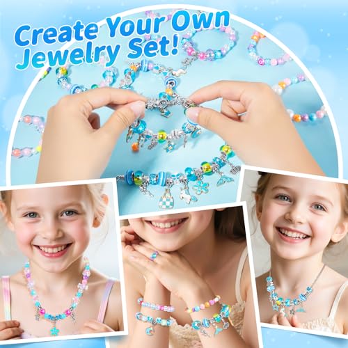 BLmukce Charm Bracelet Making Kit for Girls Ages 8-12, DIY Jewelry Making Kit & Craft Set with Beads, Charms & Necklace Kit Birthday Christmas Gift for Kids 4-6 7 8 Years Old Girl - color: Blue