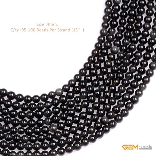 GEM-Inside Natural 4mm Black Obsidian Gemstone Loose Beads Round Energy Power Beads for Jewelry Making 15" - color: Black Obsidian, size: 4mm