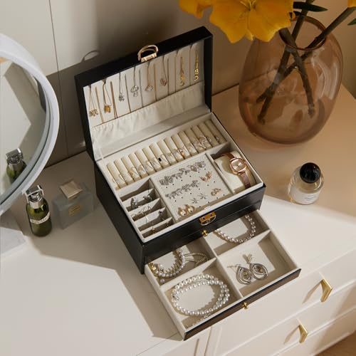 3 Layer Jewelry Box with Lock, Women Large Jewelry Holder Organizer with Drawer for Necklaces, Rings, Bracelets, Earrings, Watches, Valentines Gift for Mom Girl Wife (Black) - color: Black
