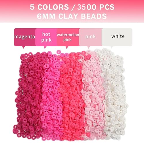 3500pcs Pink Clay Beads for Bracelets Making Kit, 6mm Heishi Polymer Flat Round Disc Clay Beads for Jewelry Making Pink - color: Pink