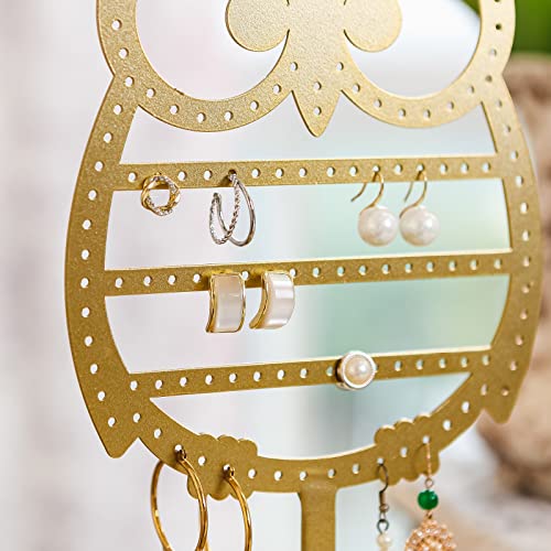 NIKKY HOME Earring Holder Hanging Organizer Stand Metal Jewelry Tree Table Top Owl Ear Stud Holder Tower Rack with Ring Tray for Girls (134 Holes), Gold - color: Gold