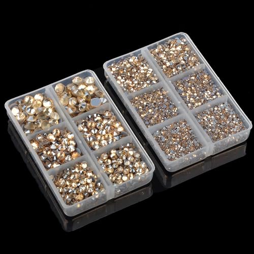 10000Pcs 2-Boxes Mixed Size Hot Fix Round Crystals Gems Glass Stones Hotfix Flat Back Rhinestones with Tweezers and Picking Pencil (Light Champagne) - color: Light Champagne, size: 2-Box (10000pcs)
