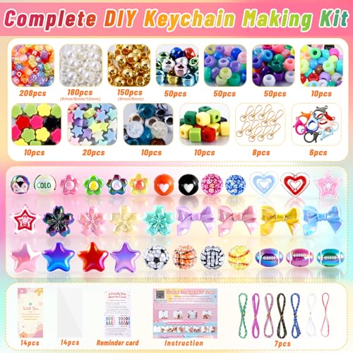 TOHONGADON 883 PCS Bead Keychain Making Kit, Colorful Bead Keychain Kits, DIY Bag Charm Kit, with Video Manual Gift Bags, Perfect for Gifts Party Festival Family Activity - color: 883 Pcs Beads