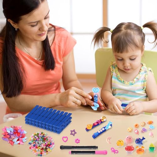JOICEE 80 Set Cheer Pins Spirit Clips,80 Clothes Pins 126 Mini Resin Animals Bows Daisy and Stickers Pen Over 300 Beads Pearls for Cheerleading Backpacks Ribbon Team Classroom Cheer Gifts Bulk(Blue) - color: Blue