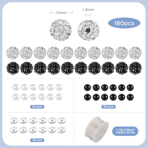 320pcs Rhinestone Beads for Jewelry Making, 10mm Black and White Beads Disco Ball Chunky Crystal Bead, Rhinestone Bubblegum Round Bead for DIY Bracelets Necklace Earring Supplies - color: black and white