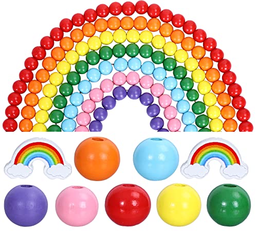 Whaline 230Pcs Colorful Wooden Beads Rainbow Round Pride Wood Loose Spacer Beads with Hemp Rope for Farmhouse Summer Party Gay Pride LGBTQ DIY Bracelet Necklaces Jewelry Decor