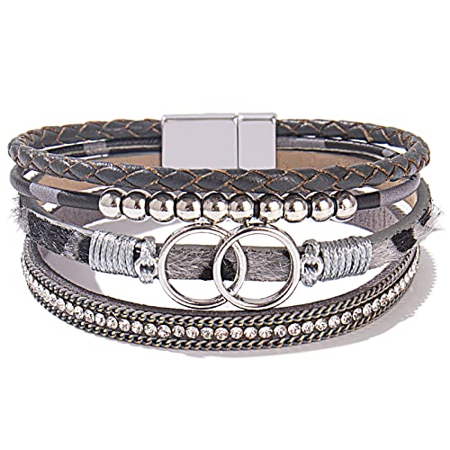 FANCY SHINY Mothers Day Gifts Boho Leather Wrap Bracelet Stackable Infinity Chunky Cuff Bracelets Western Hippie Outfits Jewelry Valentine Gifts for Women - color: Grey Leopard