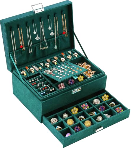 QBestry Jewelry Box for Women with Drawer, 3-Layer Large Jewelry Organizer with Lock & Key, 8 Necklace Hooks & 56 Earring Holes, Green Velvet Jewelry Storage Box for Necklaces Earrings Rings Bracelets - color: Emerald Green