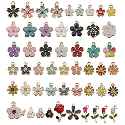 WOCRAFT 100 Pcs Assorted Gold Plated Mixed Enamel Flower Charms for Jewelry Making Necklace Bracelet Earring (M304)