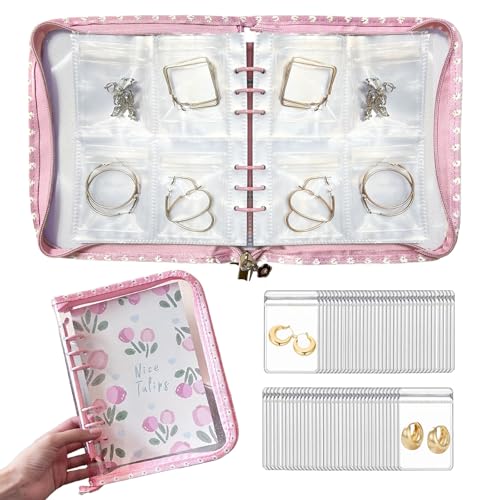 Jewelry Organizer Travel,Jewelry Storage Book with 80 Small PVC pouches,Portable Jewelry Organizer Zipper Bags for Necklaces Bracelet Rings and Earrings (front cover removable),Pink - color: Pink/80 PVC Small Pouches