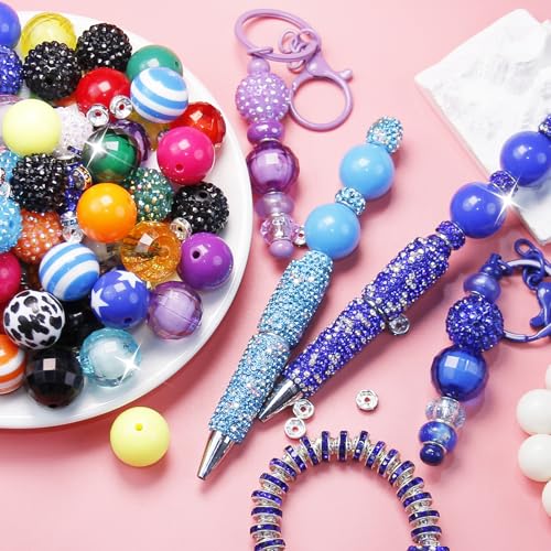 305Pcs 20mm Beads for Pens Making with Rondelle Spacer Beads Mixed Acrylic Focal Bubblegum Bead Crystal Round Sparkly Chunky Bead for Pens Beadable Necklace Keychain DIY Craft Jewelry Making Supplies - color: Rainbow