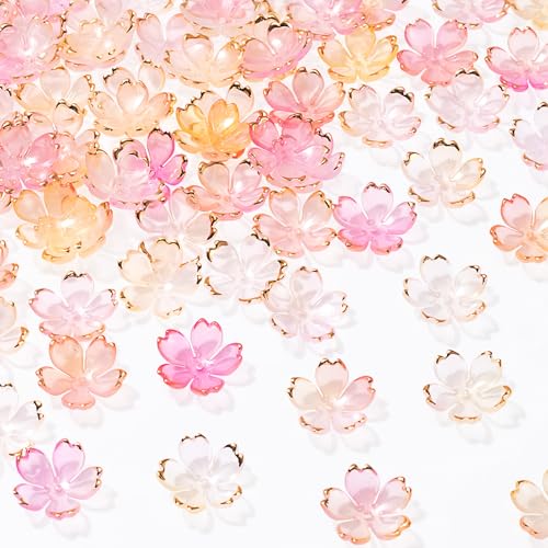 100Pcs Pink Gradient Cherry Blossom Beads, 5-Petal Acrylic Flower Beads, Gold-Plated Mini Spacer Beads Charms Halloween Christmas for Bracelets Jewelry Making - color: Pink, D Styles