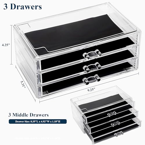 Sea Team Clear Makeup Organizer with Drawers, Acrylic Plastic Cosmetic Display Case, Jewelry Storage Box, Holder for Dresser, Bathroom, Vanity, Countertop (3 Middle Drawers) - size: 3 Middle Drawers