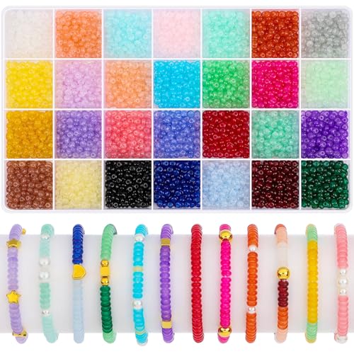 shynek 4800 Pieces 2x4mm Glass Rondelle Seed Beads for Jewelry Making, 28 Colors Small Beads for Bracelets, Embroidery, Crochet Craft Projects