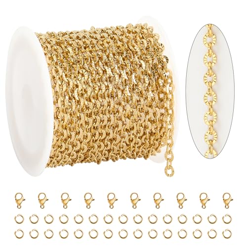KYUNHOO 16.4 Feet Gold Chain for Jewelry Making Embossed Circle Chains on Spool Gold Plated Stainless Steel Chain Necklace with Lobster Clasps and Jump Rings for DIY Bracelet Earring - color: Oval Gold