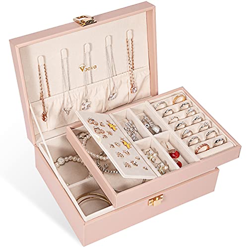 Voova Jewelry Box Organizer for Women Girls, 2 Layer Large Men Jewelry Storage Case, PU Leather Display Jewellery Holder with Removable Tray for Necklace Earrings Rings Bracelets, Vintage Gift, Pink - color: Pink