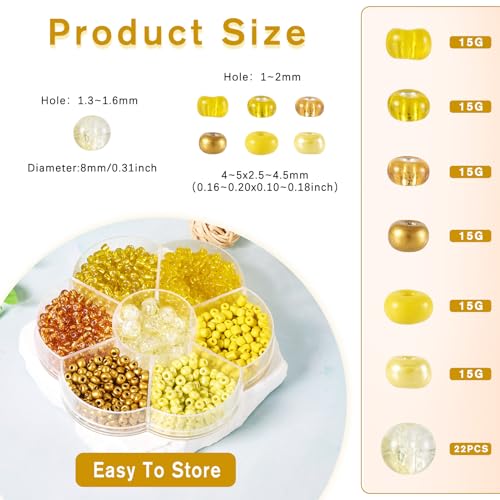 Craftdady 90g Small Glass Seed Beads 6/0 Yellow Bracelet Beads Tiny Round Loose Spacer Beads Handmade Craft Beads with 22pcs 8mm Round Glass Beads for DIY Necklace Jewelry Making