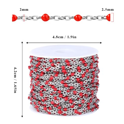 33 Feet Stainless Steel Enamel Chains Bulk, 2mm 304 Stainless Steel Red Enamel Beaded Cable Link Chain Roll Spool for Jewelry Making - color: Stainless Steel Red Beads