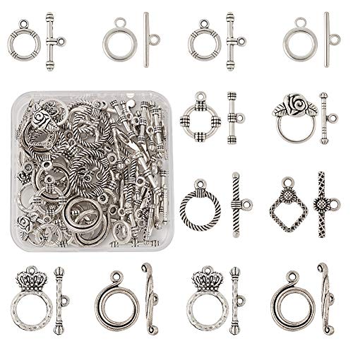 Craftdady 40 Sets Antique Silver Round Ring Toggle Clasps 8 Styles Tibetan Metal Closure End Clasps with T-Bar Connectors for Craft Bracelet Jewelry Making - color: 8 Styles,Antique Silver
