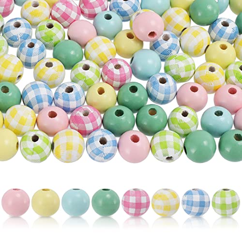 Whaline 240 Macaron Wooden Craft Beads Blue Green Yellow Pink Colorful Plaid Round Beads Bubblegum Wood Polished Spacer Loose Bead for DIY Lanyard Key Chain Handmade Jewelry Decor