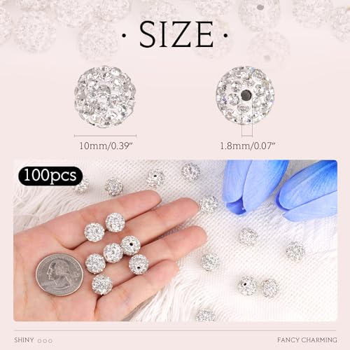 100 pcs 10mm Rhinestone Beads for Jewelry Making Crafting, White Shiny Round Disco Baseball Necklace Beads for DIY Shamballa Sparkle Crystal Clay Christmas Bracelet Earring - color: Crystal White, size: 10mm/100pcs