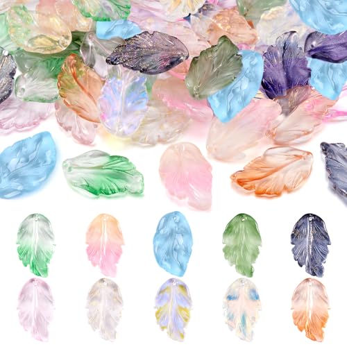 Glass Leaf Beads Crystal Glass Leaf Charms Transparent Leaves Pendants Tiny Green Leaf Bead Caps for Christmas Earring Bracelet Jewelry Making DIY Keychain Craft - color: 10 Colors-Feather Leaf