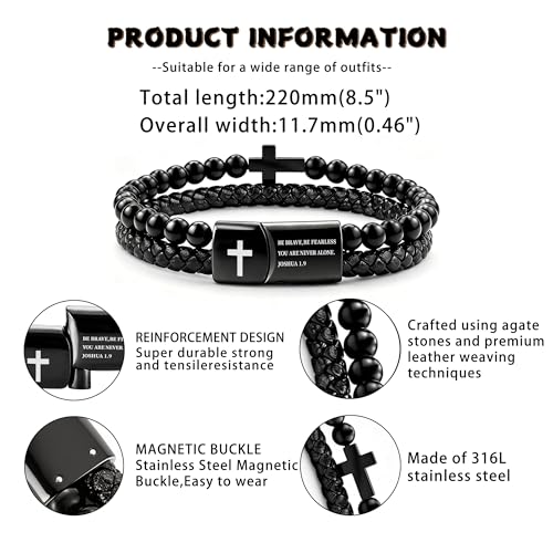 Mens Bracelet Fathers Gifts Day Black Braided Leather Stainless Steel Cross Jewelry Charming Bracelet Embedded with Black Agate Beads,Perfect for Wedding, Parties, and Everyday,Bible Verse Christian Religious Gift(7.5/8.5/9 Inch) - color: D+black+8.5