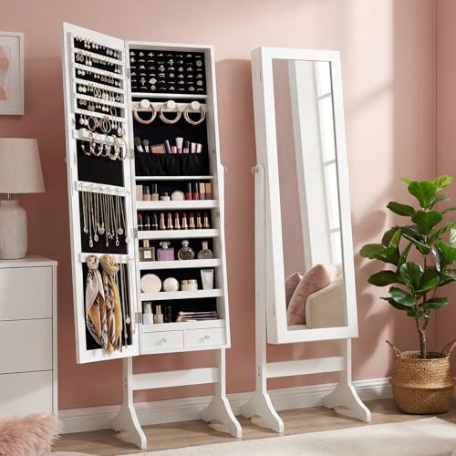 Antok Full Length Jewelry Cabinet with Mirror & Large Storage - 61" Standing Lockable Armoire Organizer, Floor to Ceiling Model for Bedroom or Dressing Room, White