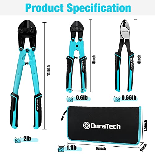 DURATECH 3-Piece Bolt Cutter Pliers Set, 14" Heavy Duty, 8" Mini, 8" Wire Cable Cutter with Carrying Case, Ergonomic Handle, Cr-V Blade for Bolts, Rivets, Chains, Wires - size: 8" Cable Cutter + 8" Bolt Cutter +14" Bolt Cutter
