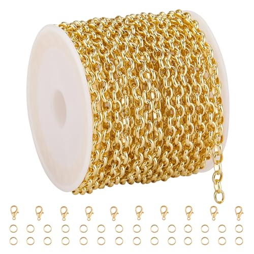 GTVOODX 18K Gold Stainless Steel Chains Bulk 16.4Feet Unfinished Rolo Link Cable Chain Roll for DIY Jewelry Bracelet Necklace Making with Lobster Clasps Jump Rings - color: Gold Rolo Chains