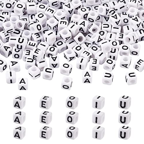FASHEWELRY 500Pcs Vowel Cube Acrylic Letter Beads 6x6mm White A/E/I/O/U Initial Alphabet Beads for DIY Bracelet Necklace Jewelry Making - color: 00-A/E/I/O/U, size: 6x6x6mm