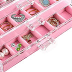 YUFONG Earring Organizer Box Acrylic Jewelry Organizer with 3 Drawers 54 Adjustable Grids Clear Stackable Earring Holder Velvet Trays Ring Display Case for Women Girls (Pink) - color: Pink