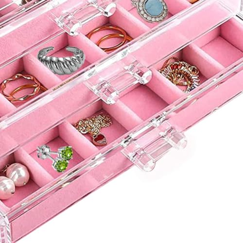 YUFONG Earring Organizer Box Acrylic Jewelry Organizer with 3 Drawers 54 Adjustable Grids Clear Stackable Earring Holder Velvet Trays Ring Display Case for Women Girls (Pink) - color: Pink