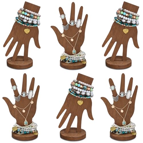 MOOCA 6-Piece Wooden Hand Form Jewelry Display Set - 2-Way Design for Wall Hanging or Standalone Mannequin Finger Hand Display, Brown Color - color: Brown