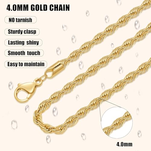 Fiusem 18K Gold Plated Rope Chain for Men, 18K Gold Plated/Black Chain Necklace, Stainless Steel Necklace for Men and Women, Jewelry Gifts - size: 26 Inches, style: Gold 4mm