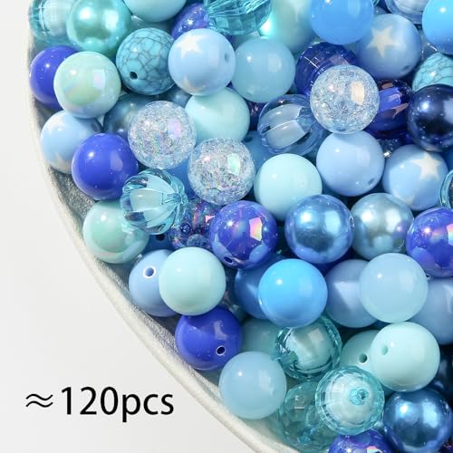 20mm Acrylic Beads 120pcs Blue Chunk Bubblegum Bead 20mm Multicolor Beadable Pen Ball Beads for Pen Bag Jewelry Making Necklace Bracelets (Blue) - color: blue