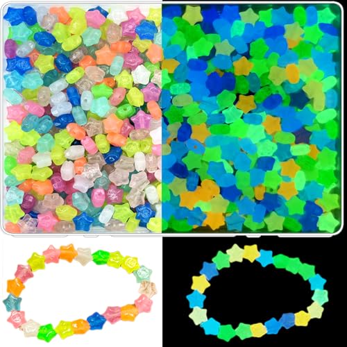 500Pcs Glow in The Dark Beads, Glowing Solar Luminous Star Smile Face Beads Mixed Acrylic UV Beads Color Changing Bracelet Beads Sun Sensitive Plastic Glow Beads Bulk for Jewelry Making Bracelets - color: Mixed Colors Star Beads