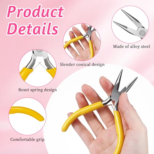 Mini Needle Nose Pliers Set, 2Pcs Needle Nosepliers for Jewelry Making, Yellow Jewelry Chain Nose Plier, Small Craft Plier with Smooth Jaw and Comfort Grip Handle for Wire Bending Object Graspi - color: Yellow