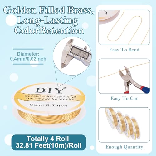 4 Rolls 26 Gauge 14K Gold Plated Copper Wires, 0.4mm Metal Jewelry Beading Copper Craft Wire, Golden Tarnish Resistant Copper Beading String Wire for DIY Crafts Jewelry Making Supplies - color: Golden, size: 0.4 mm / 26 Gauge