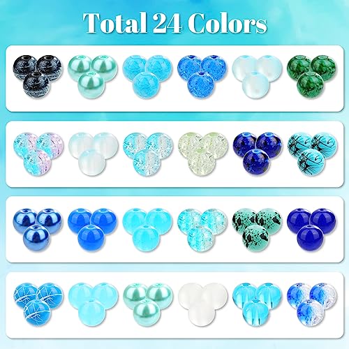 PAXCOO 720pcs Glass Beads for Jewelry Making 8mm, 24 Colors Bead Bracelet Making Kit Blue Round Loose Beads for Bracelet Earring Necklace Jewelry Making Supplies - color: Blue