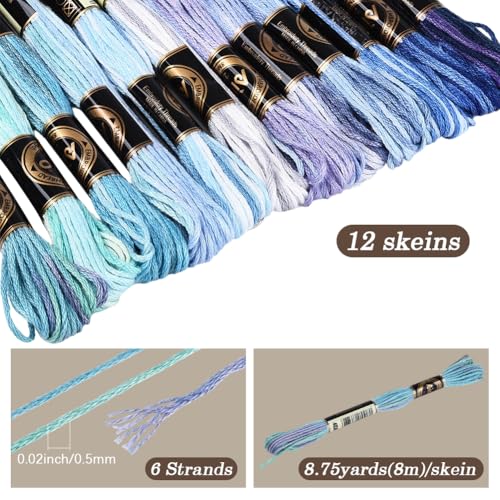 12 Skeins 105 Yards Blue Embroidery Thread Variegated Cross Stitch Floss Bulk 6 Ply Polyester Yarn Colorful Friendship Bracelet String for Sewing Making Needlecraft Knitting Stitching DIY - color: Dark Blue