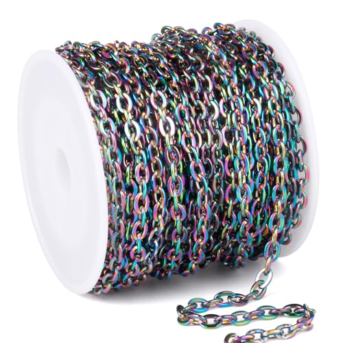 33 Feet Colorful Stainless Steel Cable Chains Bulk, 3.5 mm 304 Stainless Steel Multi Color Flat Cable Links Chain Roll Spool for Jewelry Making DIY Craft - color: Colorful, size: 3.5mm width