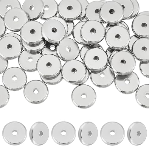 PH PandaHall 50pcs Flat Round Spacer Bead Stainless Steel Bead Spacers Metal Loose Beads Slider Stopper Bead for Bracelet Necklace Jewelry Making 10x2mm, Hole 2mm - color: Stainless Color, size: 2mm