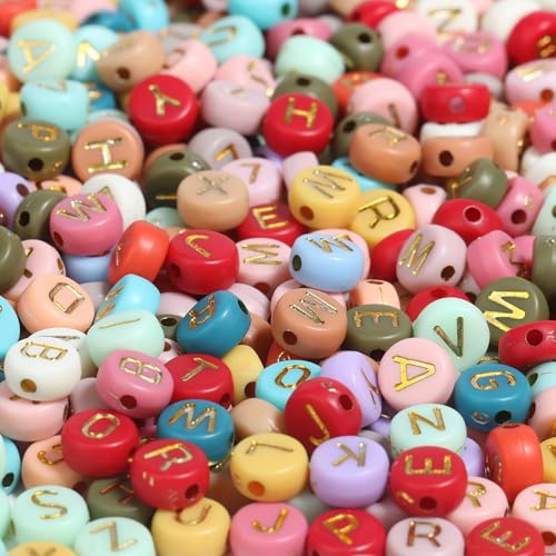 Yochus 1000pcs Bulk Colorful Round Acrylic Alphabet Letter Beads 4x7mm Gold Letter A-Z Beads for Jewelry Making and DIY Bracelets, Necklaces, Key Chains - color: Colorful/Gold, size: 4x7mm